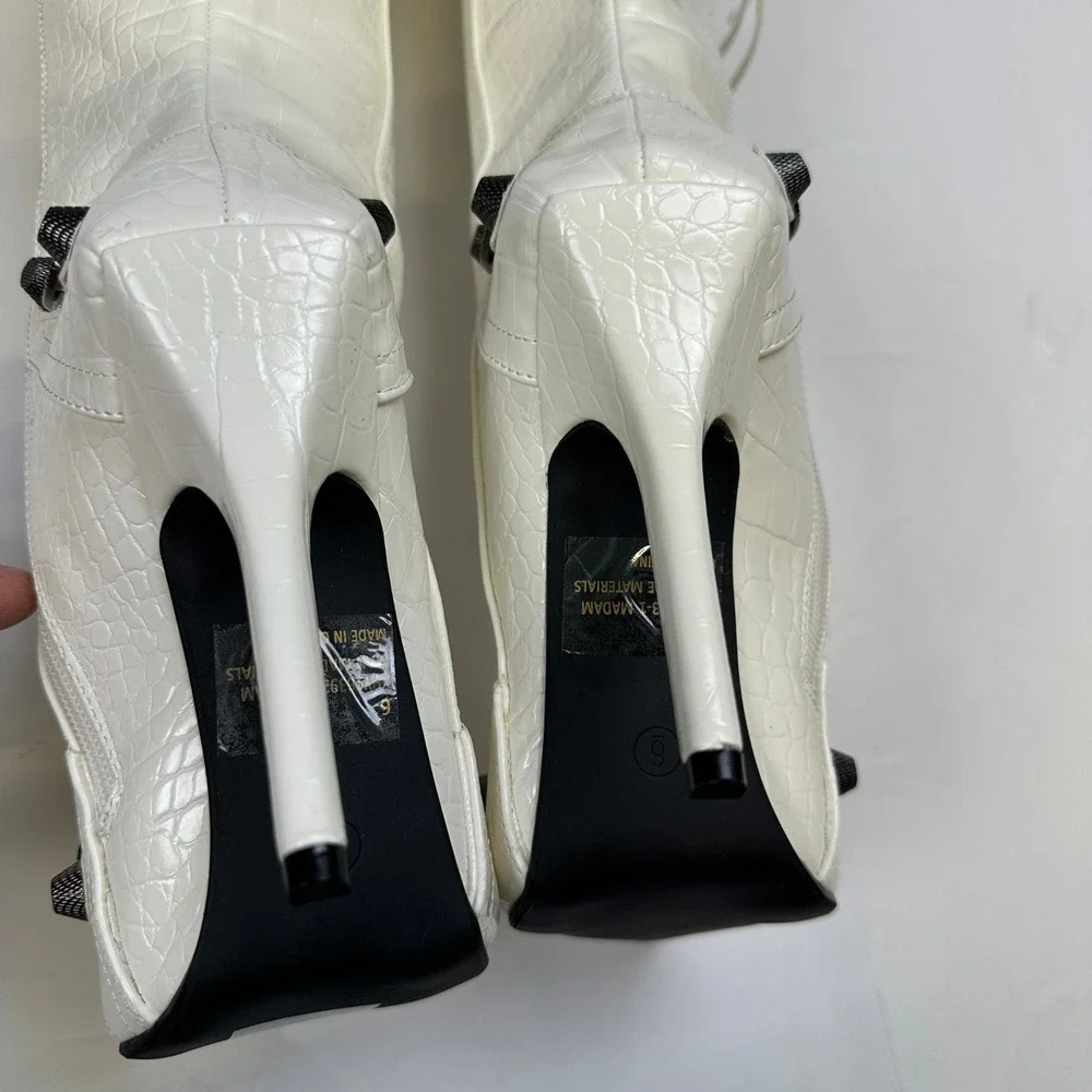Fashion Nova Knee High Boots Croc Embossed White Stiletto Size 6 - Picture 4 of 13